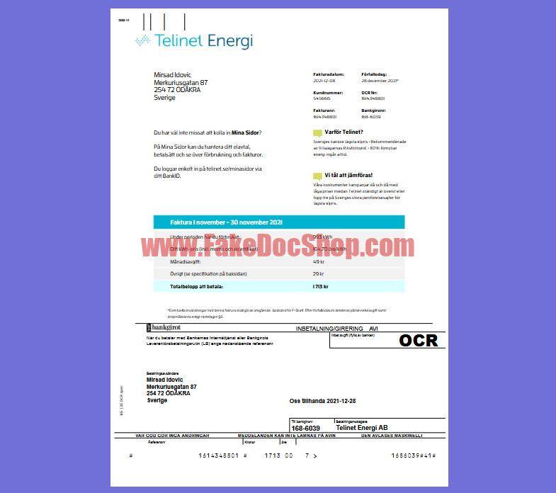 Sweden Telinet Energy Invoice template in Word and PDF format