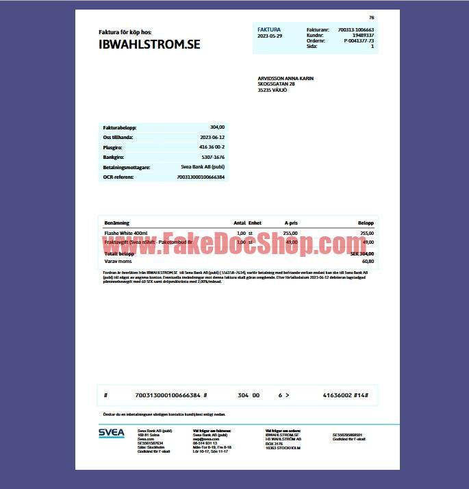 SwedenSVEA Bank AB Invoice Template in word and pdf format