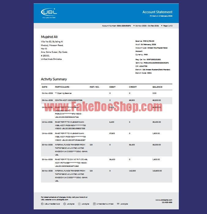 UAE UBL Account Statement Template in word and pdf format