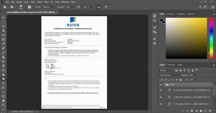 UK Aviva Certificate of Employers Liability Insurance PSD Template 2