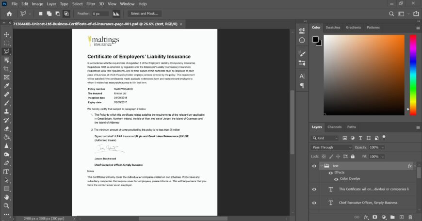 UK Maltings Employers Liability Insurance Certificate PSD Template