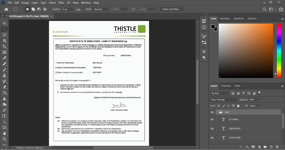 UK Thistle Underwriting Employers Liability Insurance Certificate PSD Template