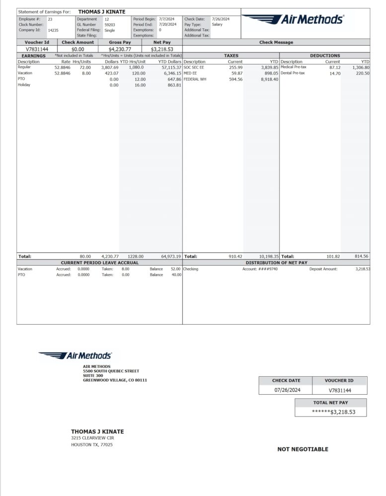 USA Air Methods Paystub Word And PDF Template
