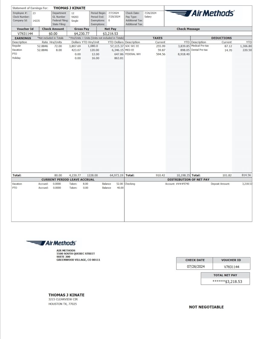USA Air Methods Paystub Word And PDF Template