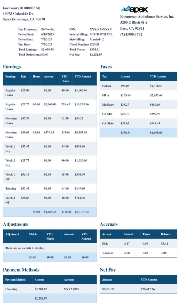 USA Apex Payroll Word And PDF Template 2 Pages