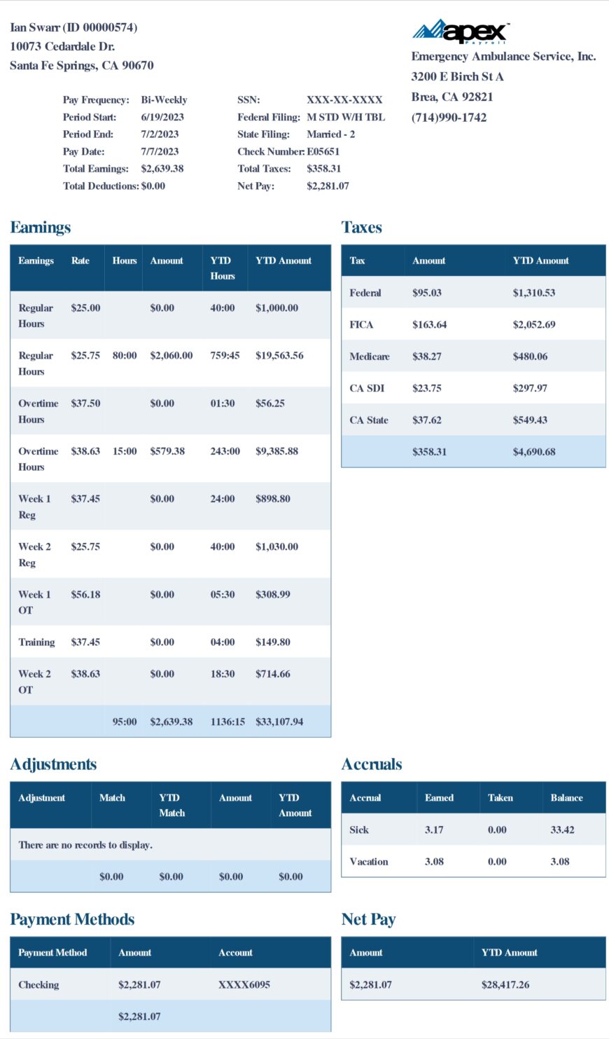 USA Apex Payroll Word And PDF Template 2 Pages