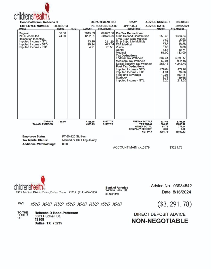 USA Childrens Health Paystub Template