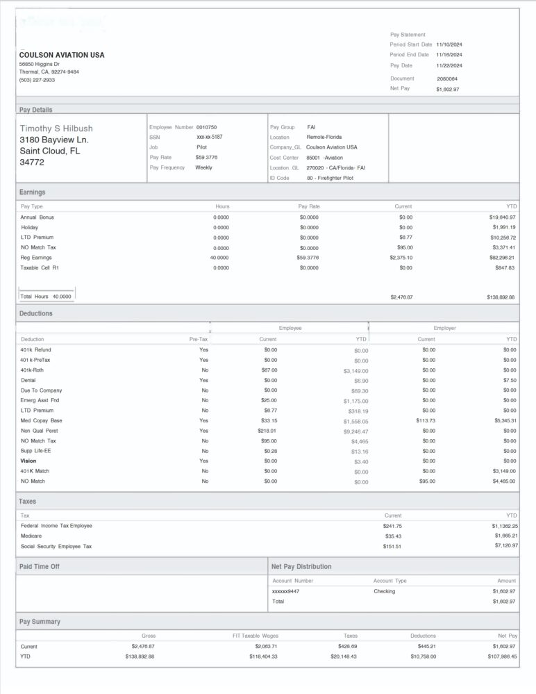 USA Coulson Aviation Paystub Word And PDF Template