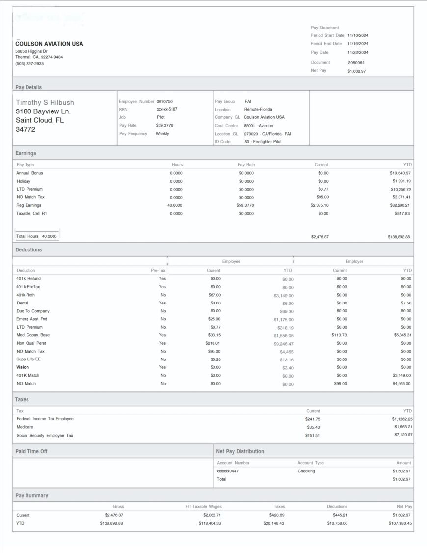 USA Coulson Aviation Paystub Word And PDF Template