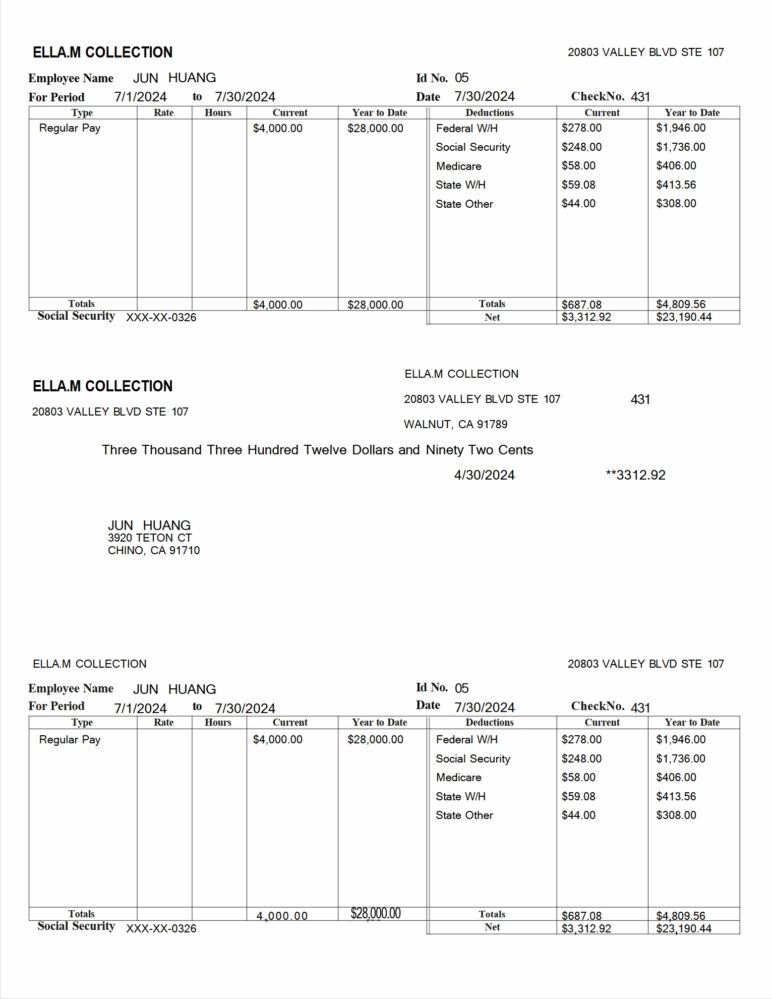 USA ELLA.M COLLECTION Paystub Word And PDF Template