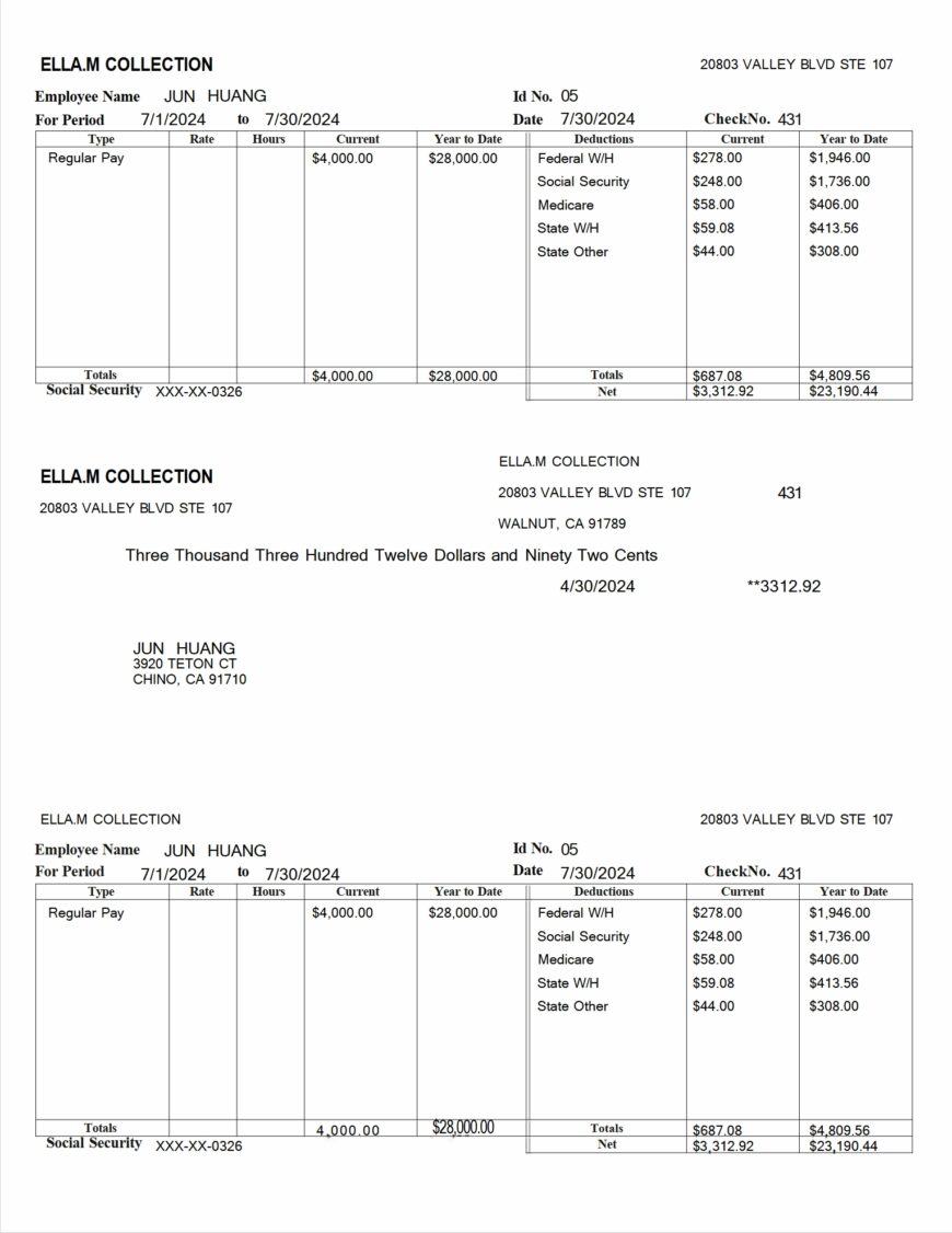 USA ELLA.M COLLECTION Paystub Word And PDF Template