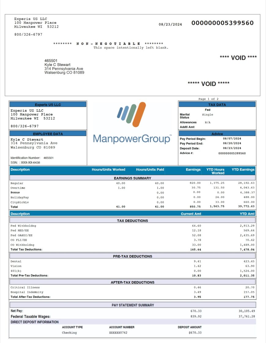 USA Experis Paystub Word And PDF Template