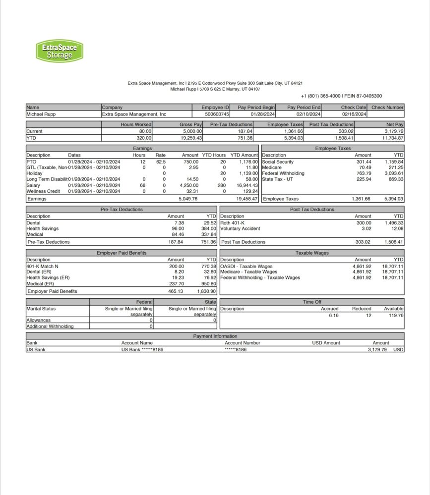 USA Extra Space Management Paystub Word And PDF Template