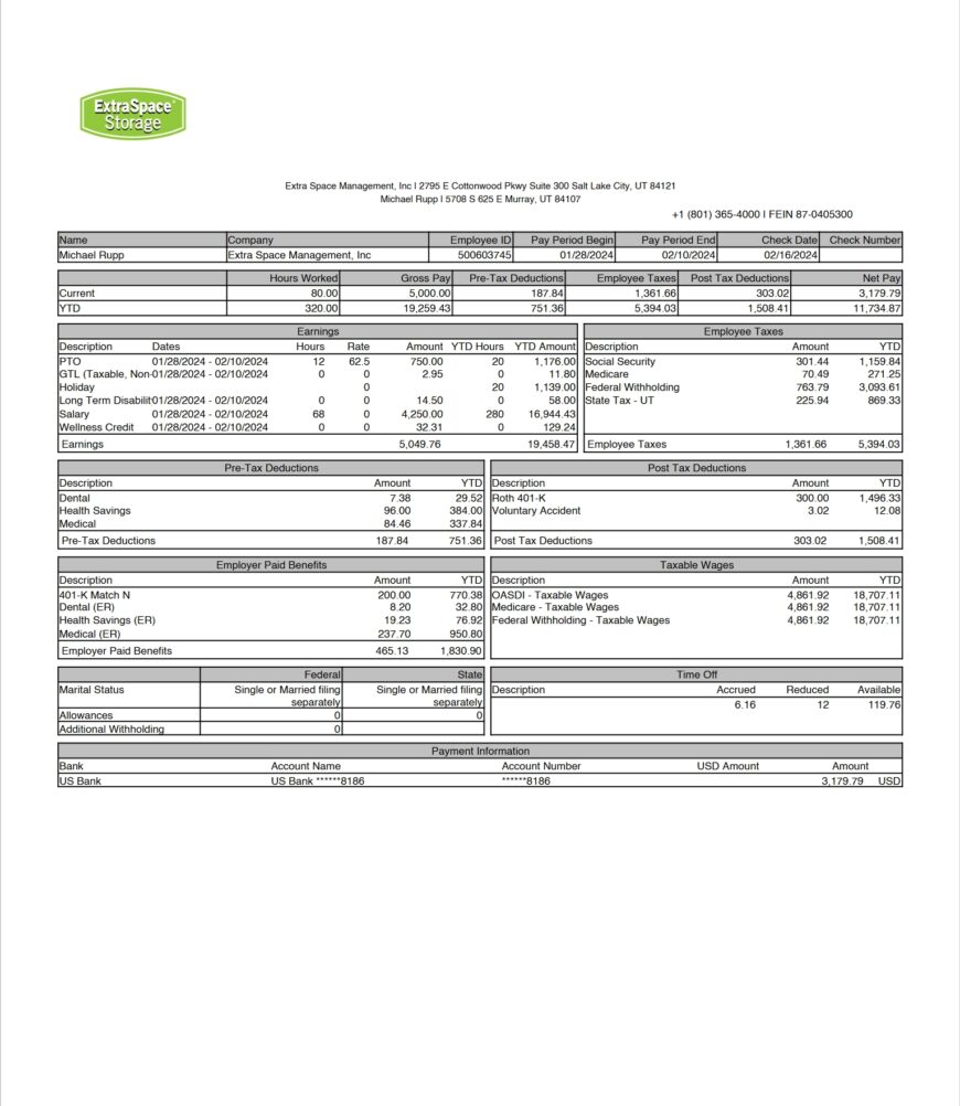 USA Extra Space Management Paystub Word And PDF Template