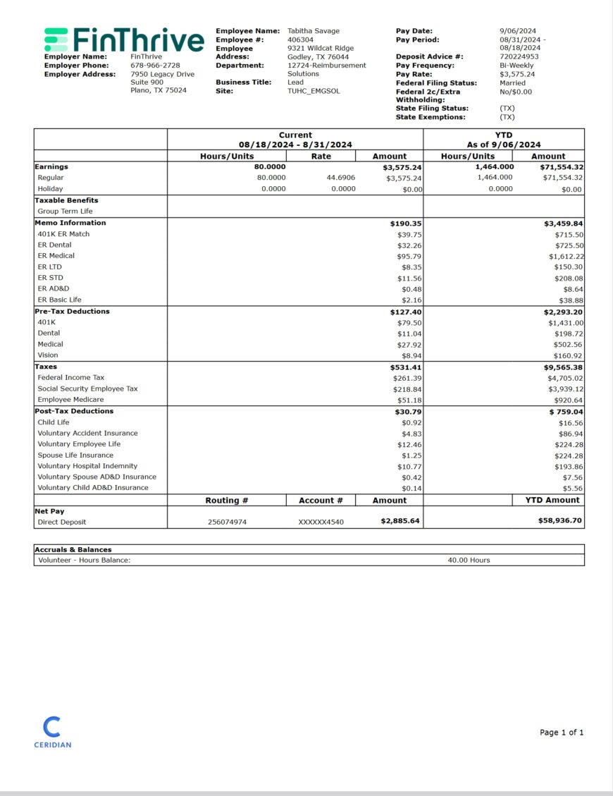 USA FinThrive Paystub Word And PDF Template