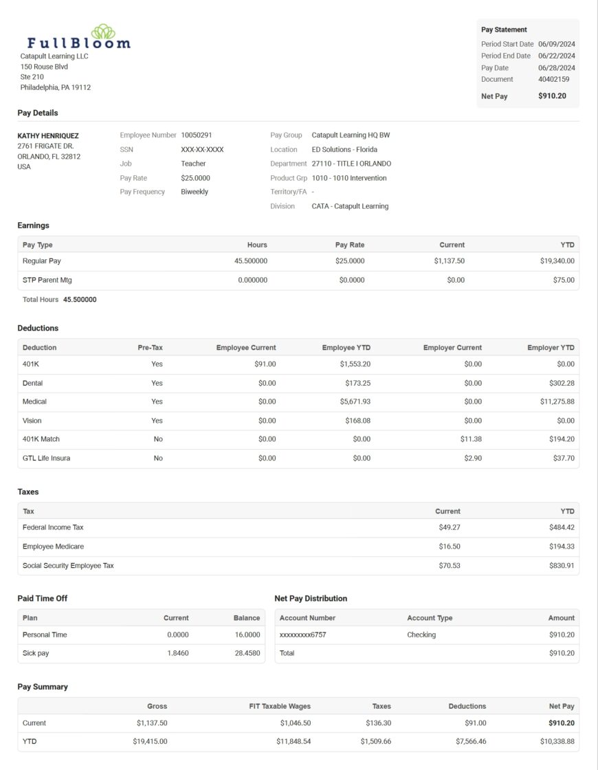 USA FullBloom Paystub Word And PDF Template
