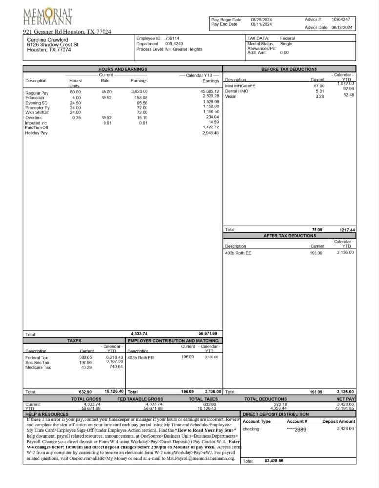 USA Memorial Hermann Health System Paystub Word And PDF Template