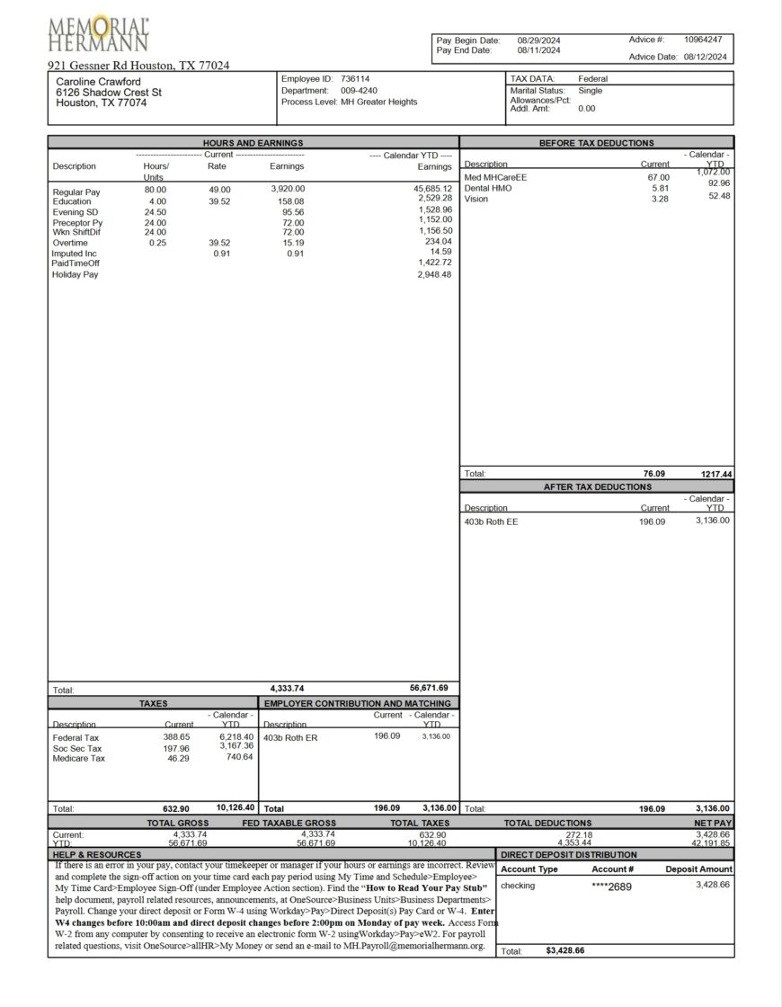 USA Memorial Hermann Health System Paystub Word And PDF Template