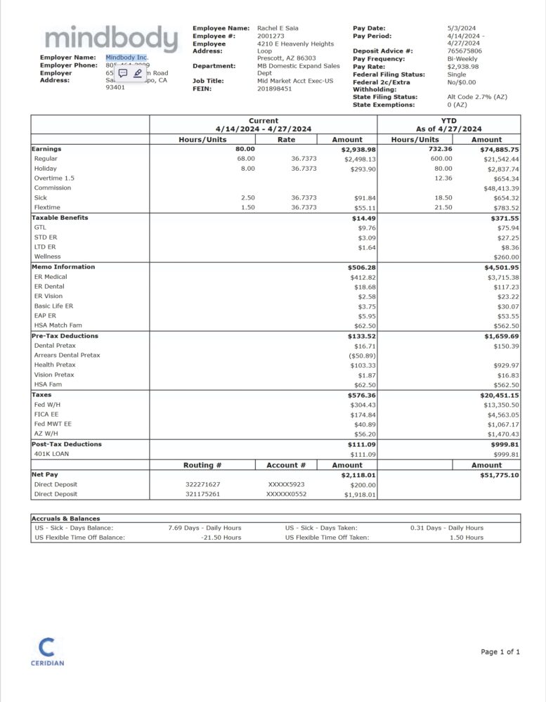 USA Mindbody Inc Paystub Word And PDF Template 7 Pages