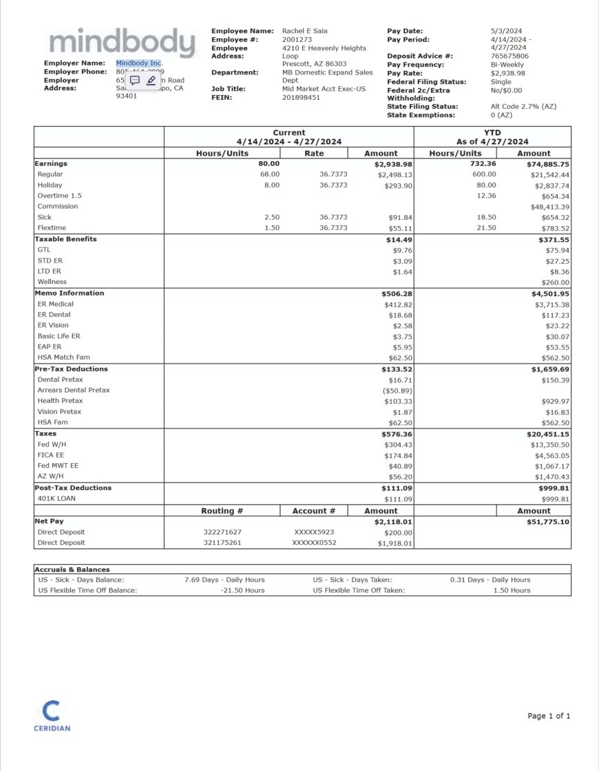 USA Mindbody Inc Paystub Word And PDF Template 7 Pages