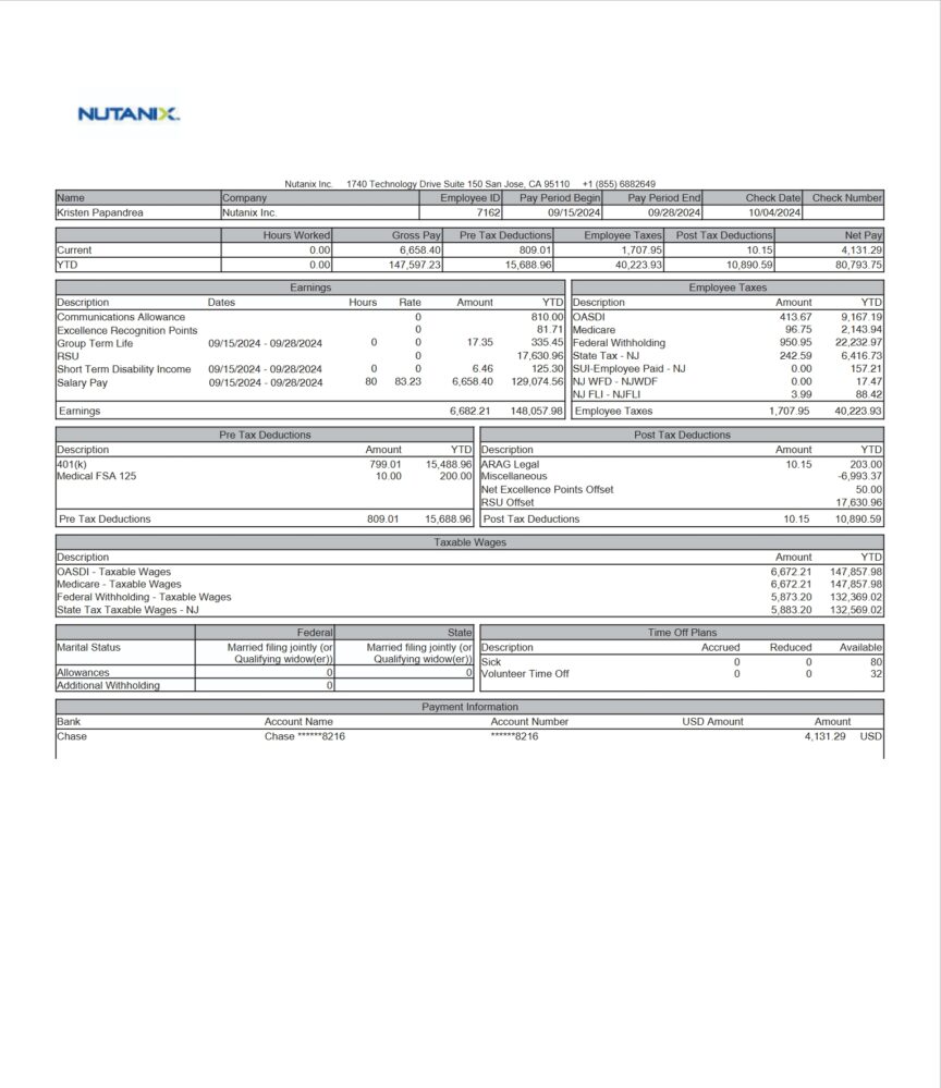 USA Nutanix Paystub Word And PDF Template
