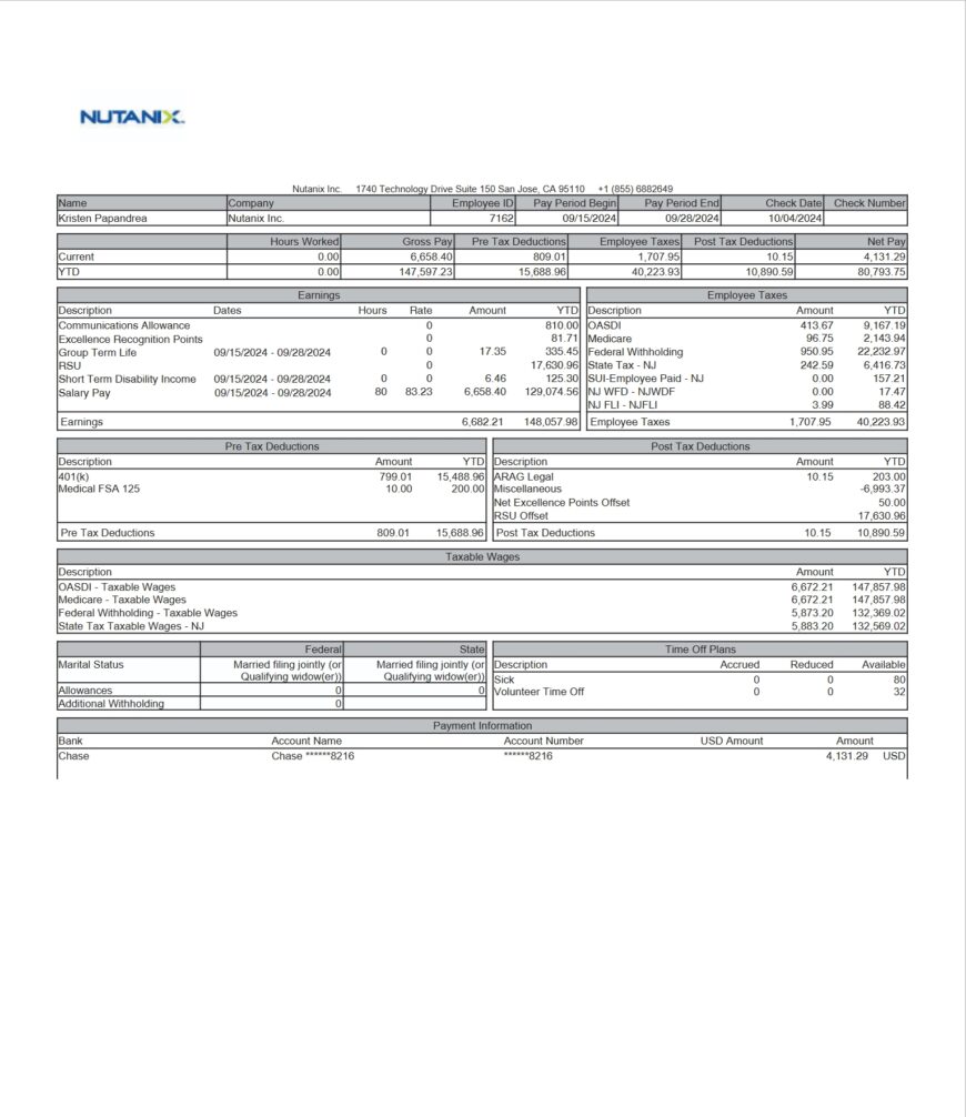 USA Nutanix Paystub Word And PDF Template