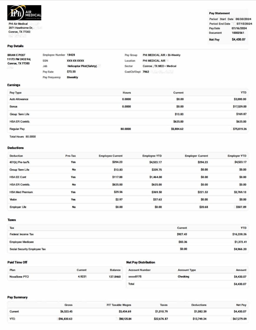 USA PHI Air Medical Paystub Word And PDF Template