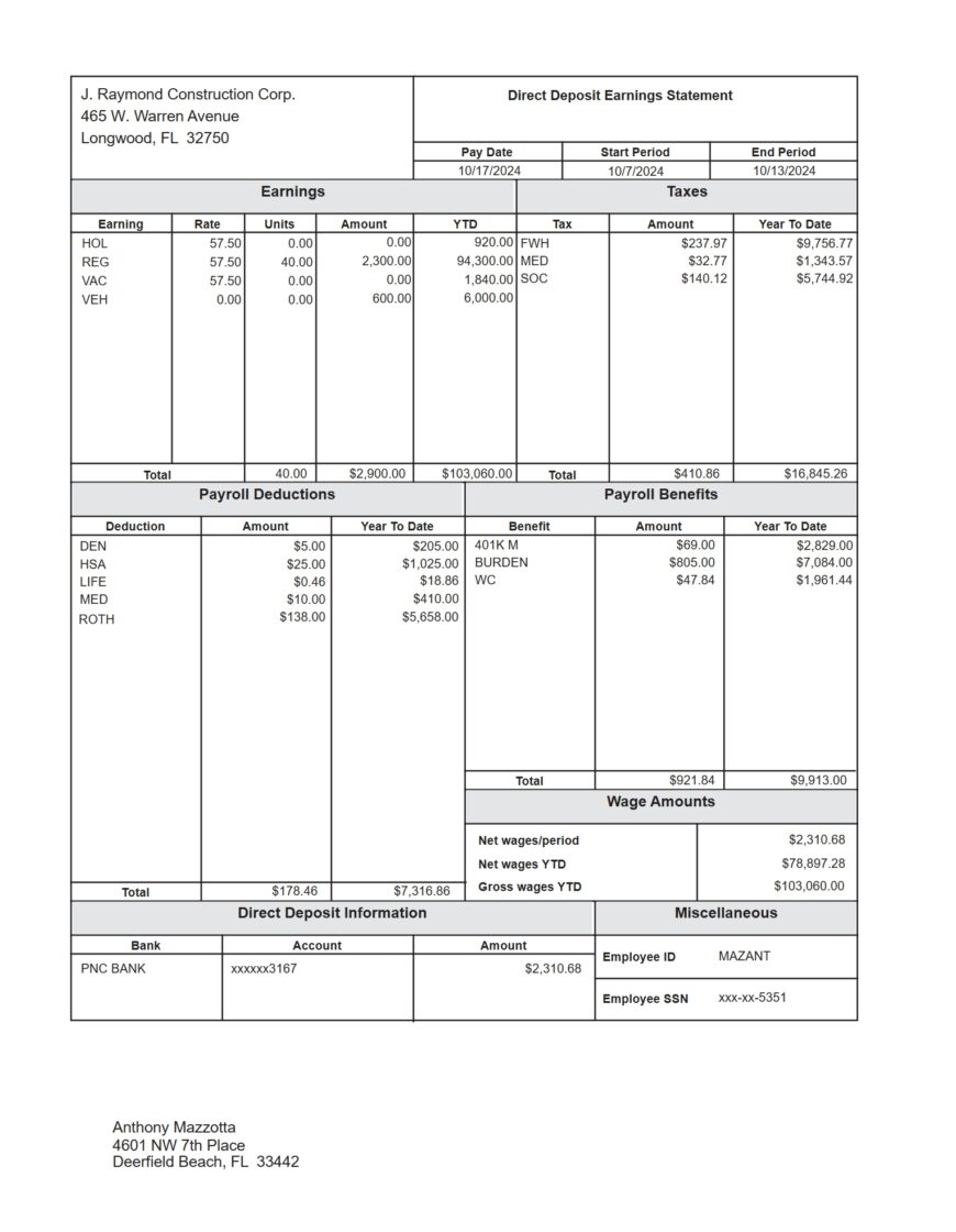 USA PNC Bank Paystub Word And PDF Template