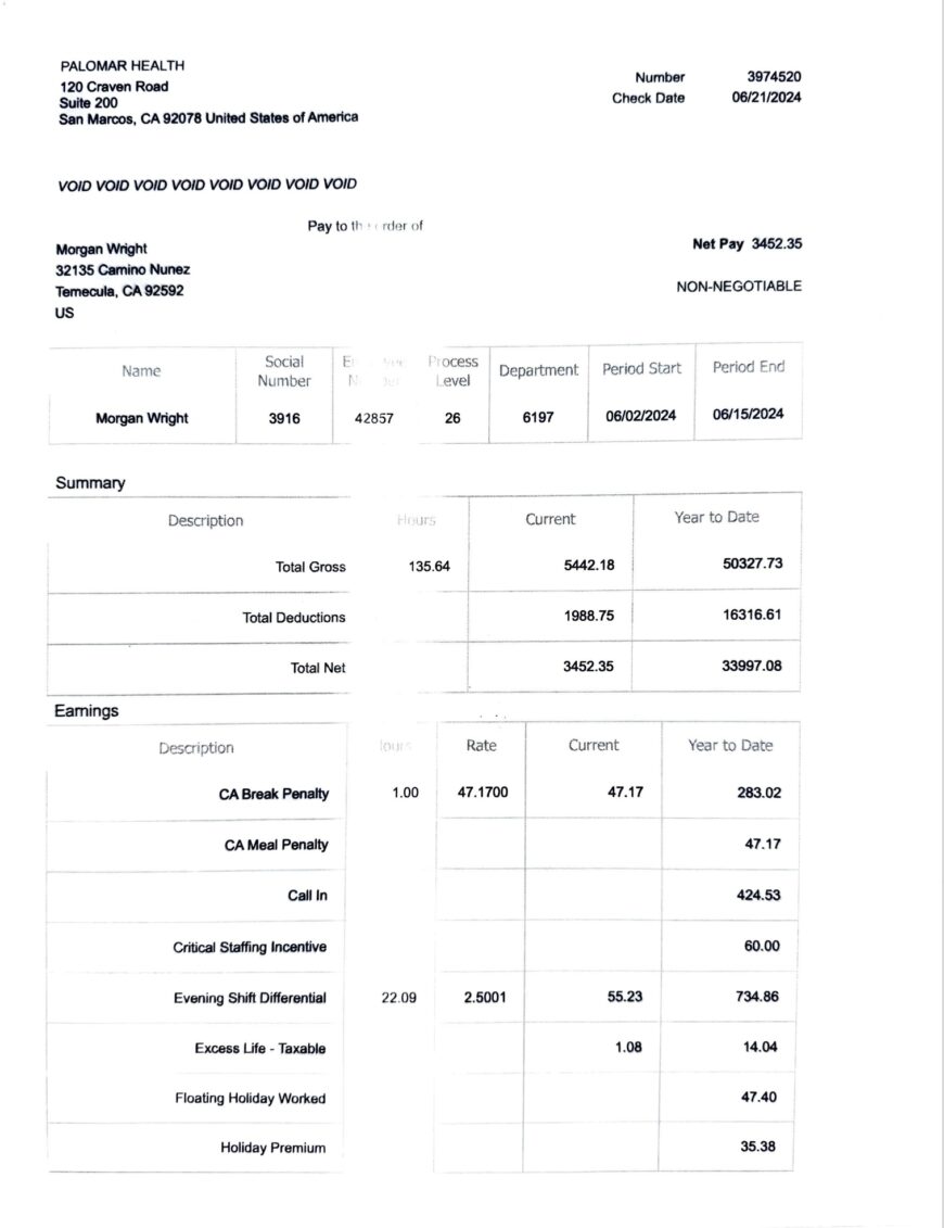 USA Palomar Health Paystub Word And PDF Template 6 Pages