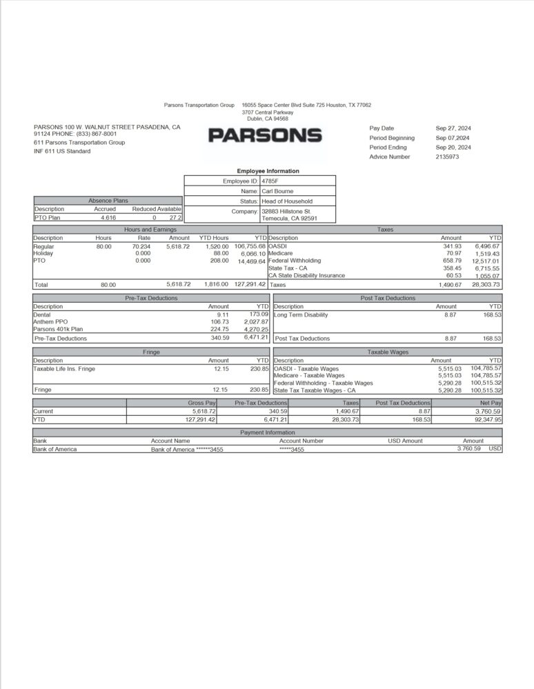 USA Parsons Transportation Group Paystub Word And PDF Template
