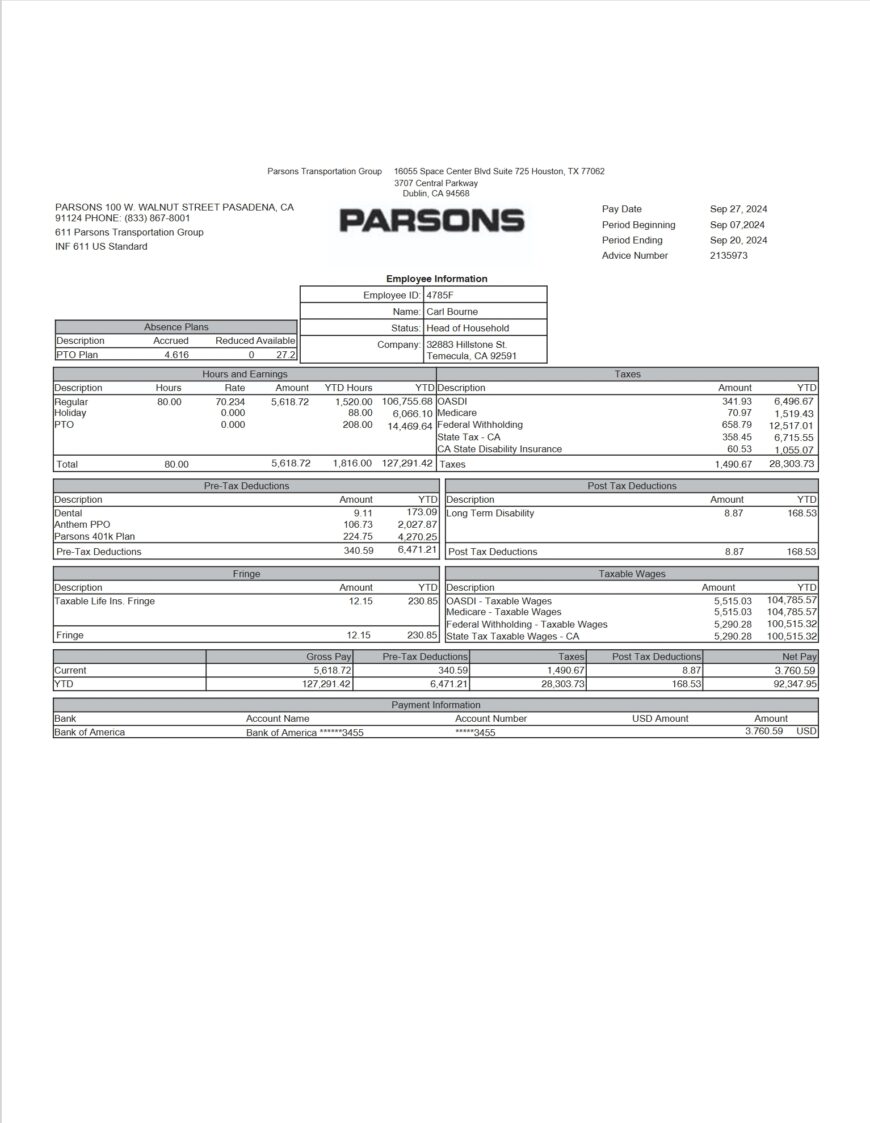 USA Parsons Transportation Group Paystub Word And PDF Template