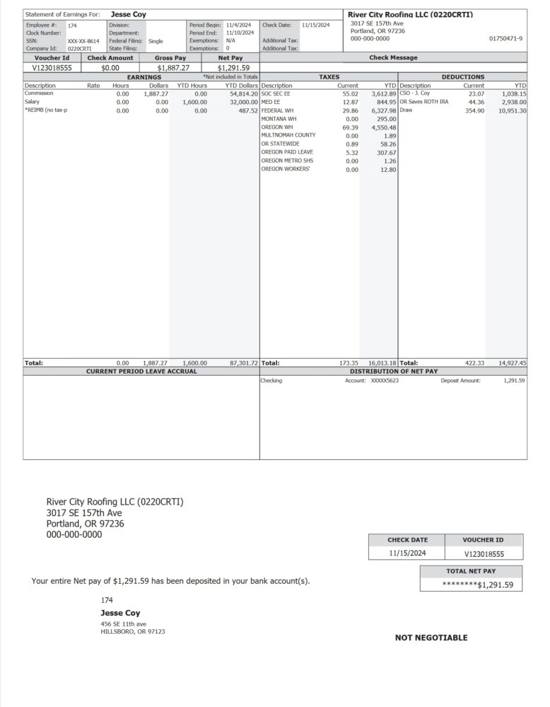 USA River City Roofing LLC Paystub Word And PDF Template