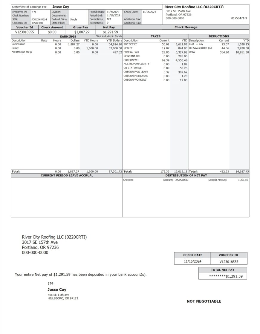 USA River City Roofing LLC Paystub Word And PDF Template