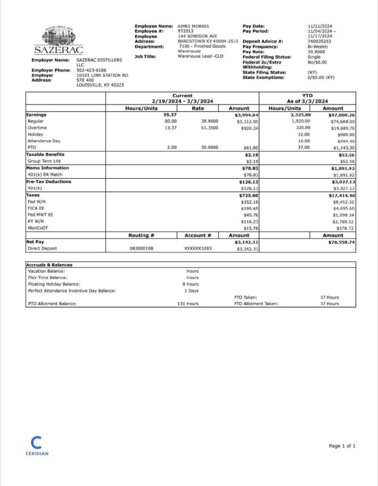 USA Sazerac Paystub Word And PDF Template
