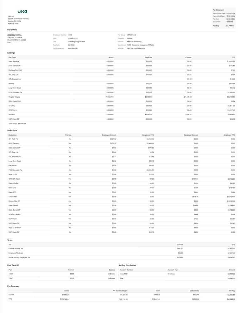 USA UKG Inc Paystub Word And PDF Template