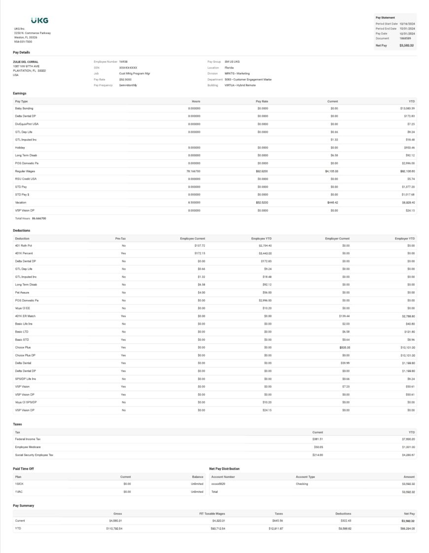 USA UKG Inc Paystub Word And PDF Template