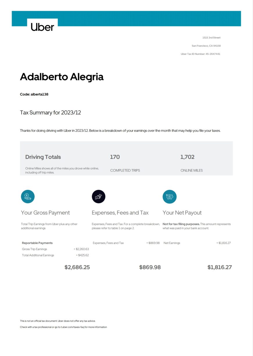 USA Uber Paystub Word And PDF Template 2 Pages