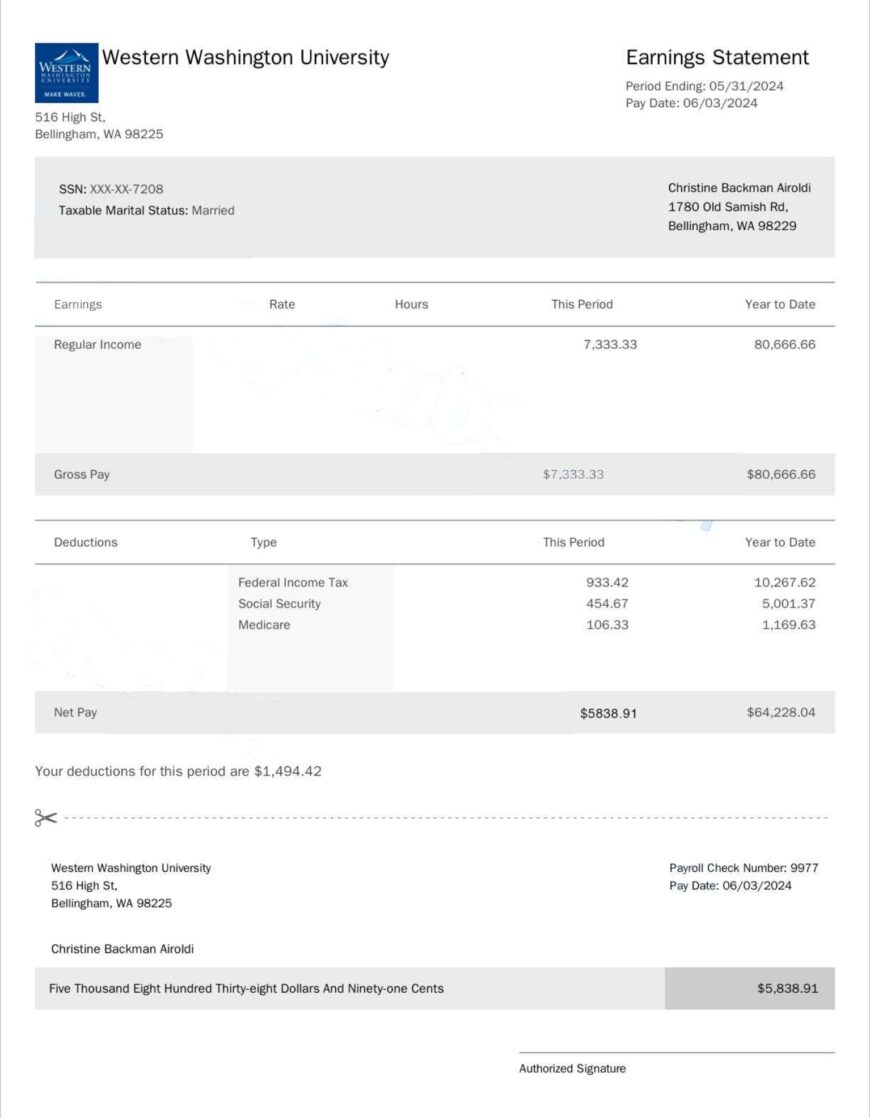 USA Western Washington University Paystub Word And PDF Template