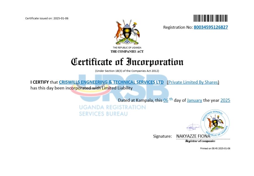 Uganda CRISWILLS ENGINEERING TECHNICAL SERVICES LTD Certificate of Incorporation Word And PDF Template