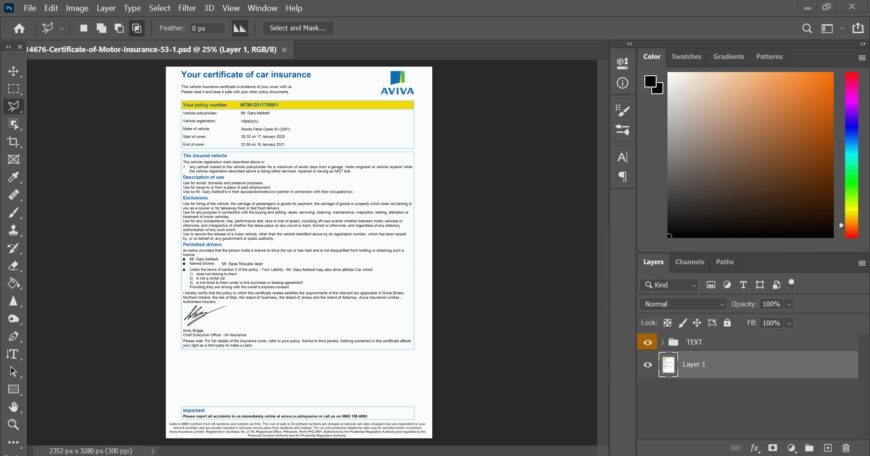 United Kingdom Aviva Certificate of Motor Insurance PSD Template
