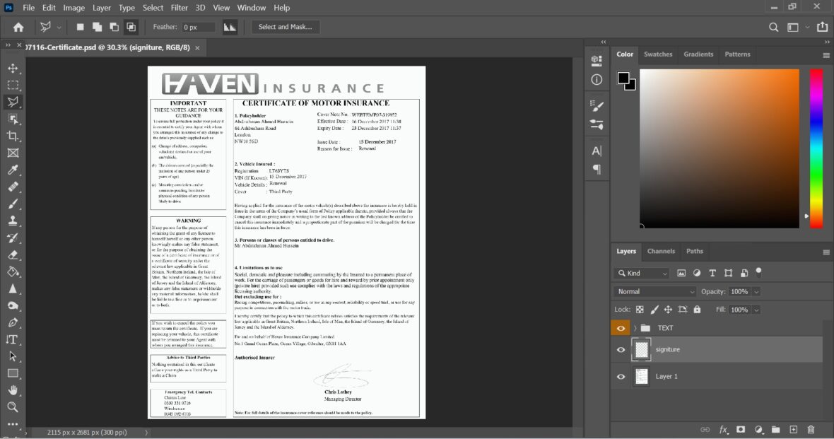 United Kingdom Haven Insurance Motor Insurance Certificate PSD Template