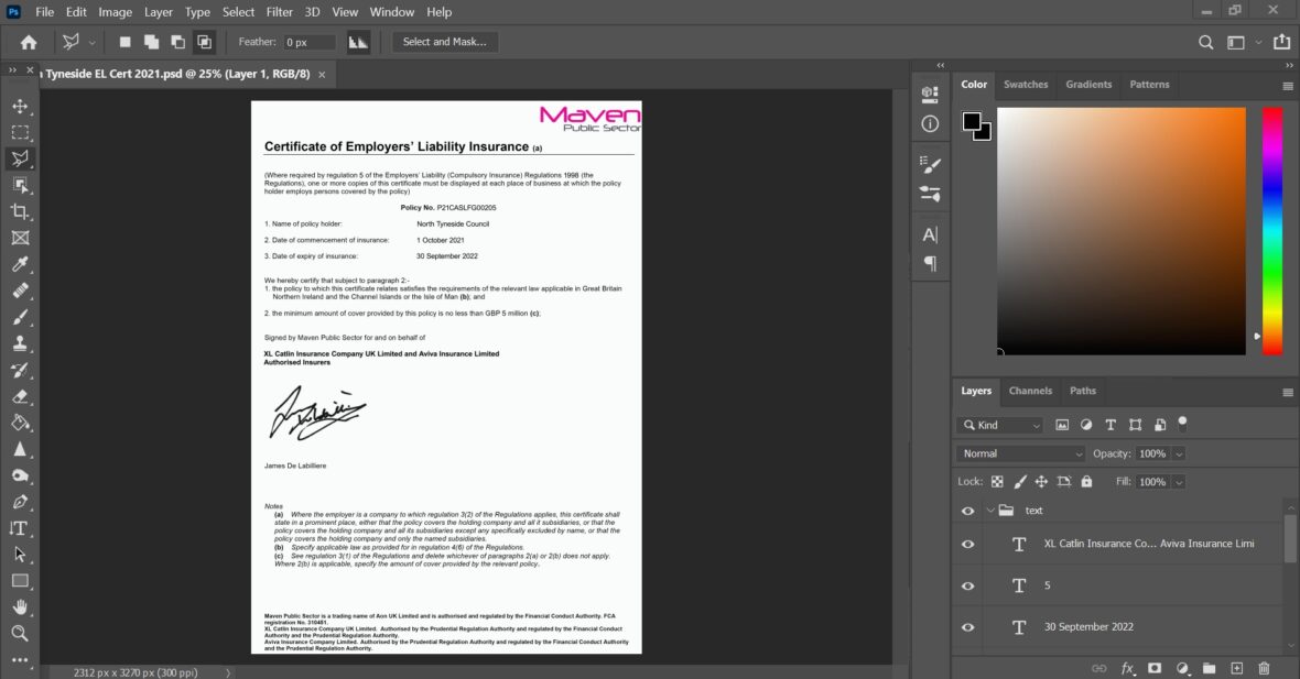 United Kingdom North Tyneside Council Employers Liability Insurance Certificate PSD Template