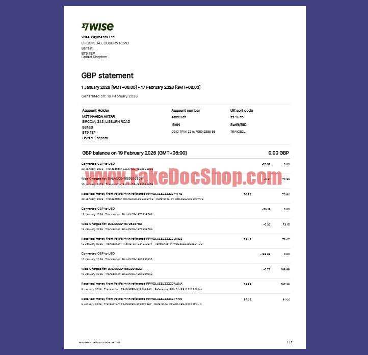 United Kingdom Wise Payments UK Bank Statement Template (2026)