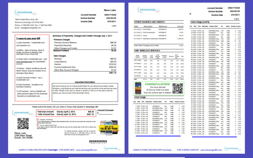 United States DocOrigin Phone Bill Template in Word and PDF format