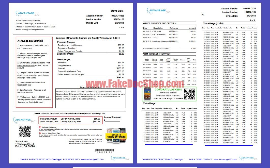 United States DocOrigin Phone Bill Template in Word and PDF format