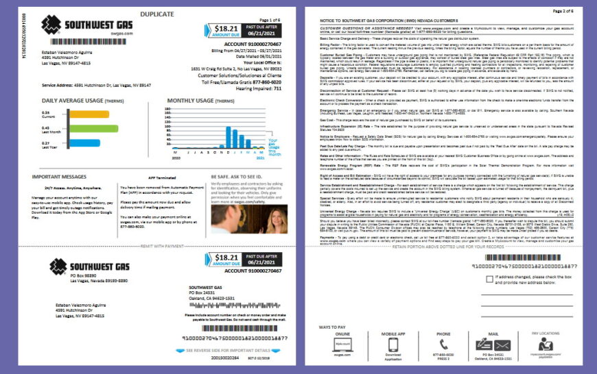 United States Southwest Gas Corporation Gas Bill Template in Word and PDF format