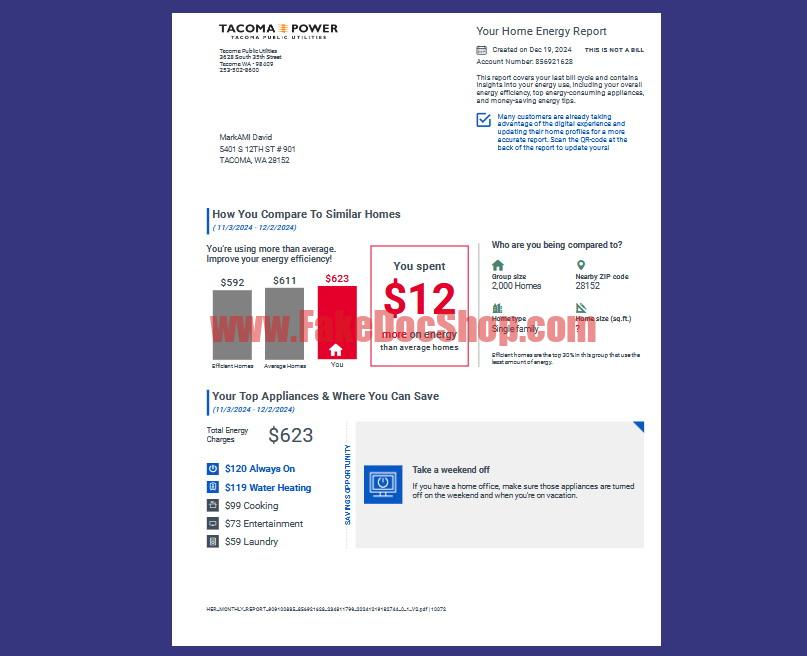 United StatesTacoma Public Utilities Billing Statement Template in word and pdf format