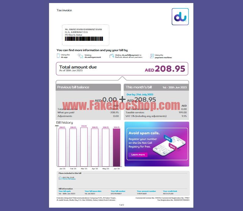 Wireless bill Utility Bill Template in word and pdf format