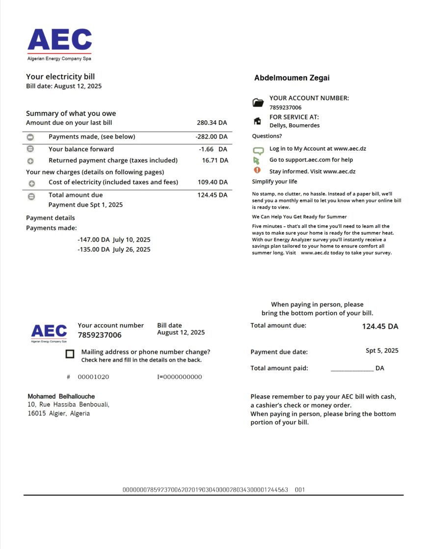 Algeria Sonelgaz Electricity Bill Word And PDF Template