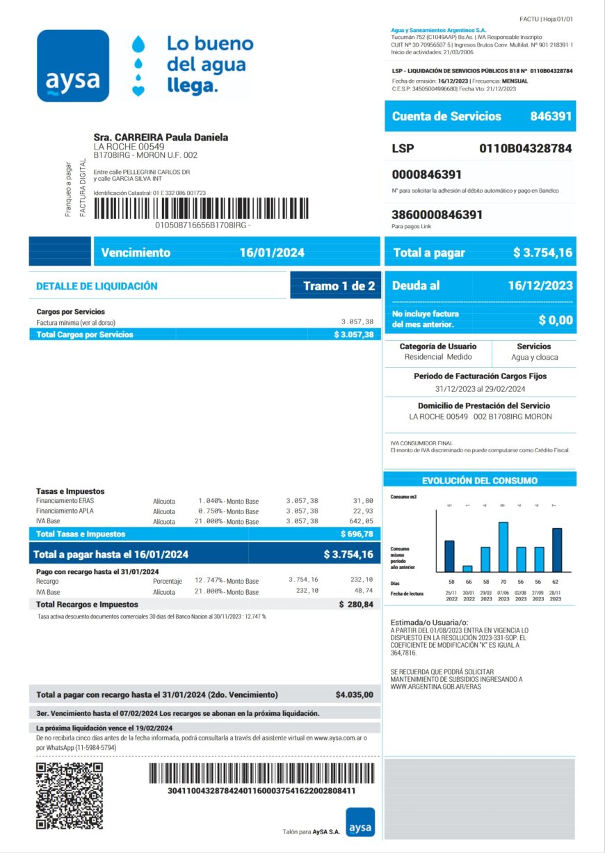 Argentina AySA Water and Sanitation Bill Word And PDF Template 2 Pages